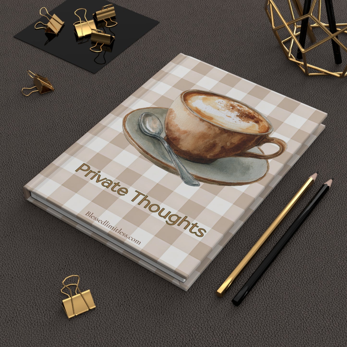 Private Thoughts Hardcover Journal — Coffee Cup Gingham Notebook