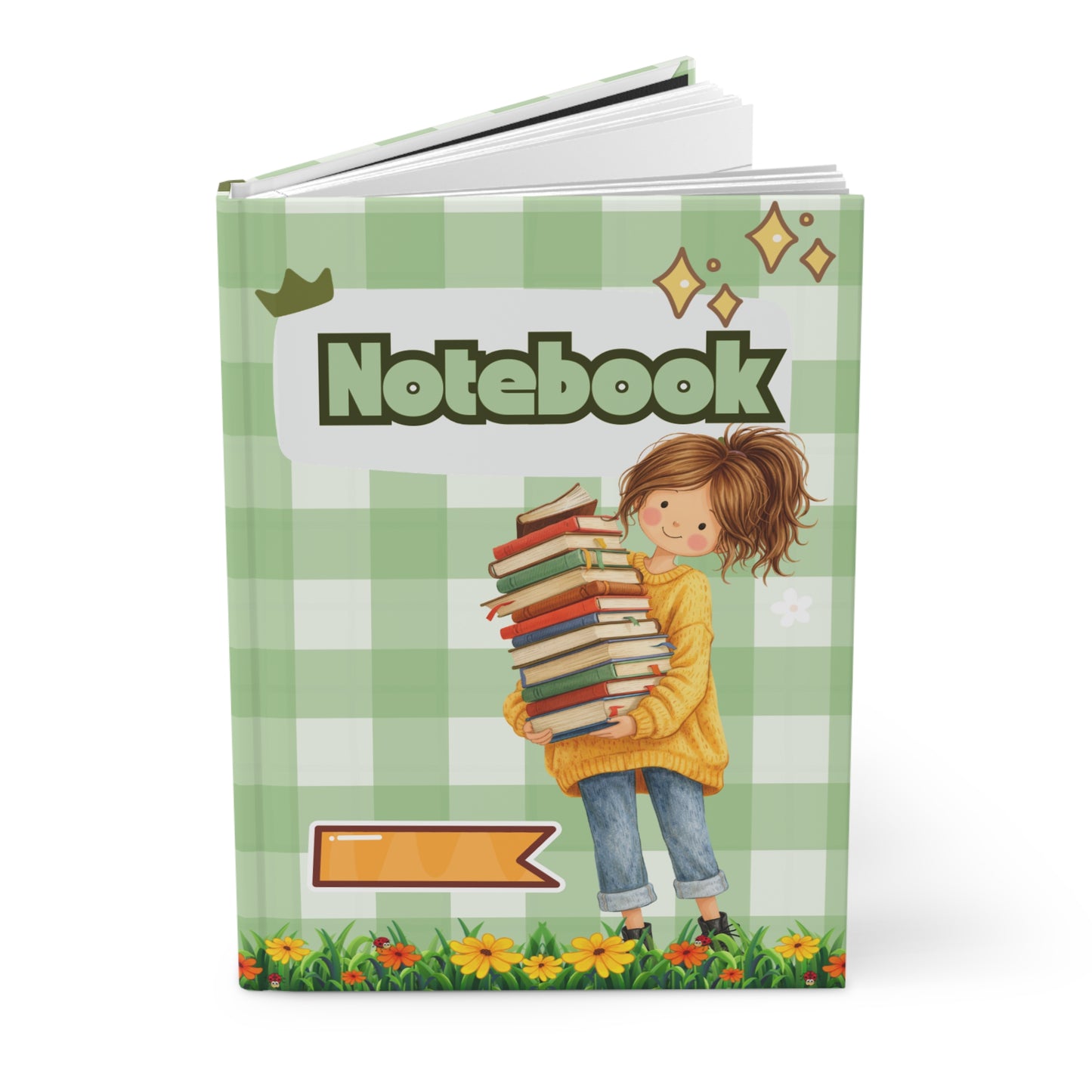 Whimsical Girl Carrying Books Hardcover Journal — Cute Bookish Notebook