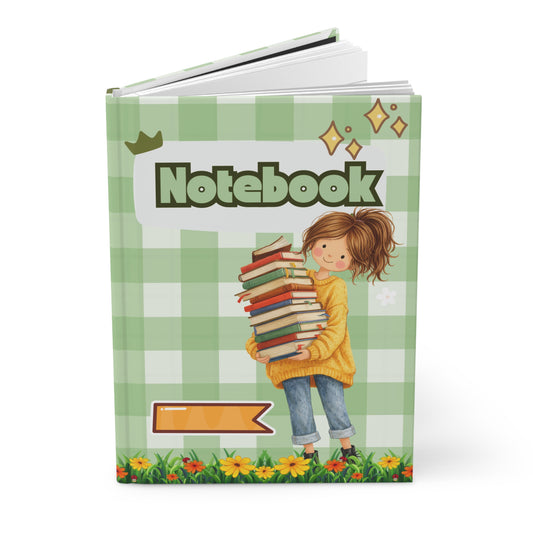 Whimsical Girl Carrying Books Hardcover Journal — Cute Bookish Notebook